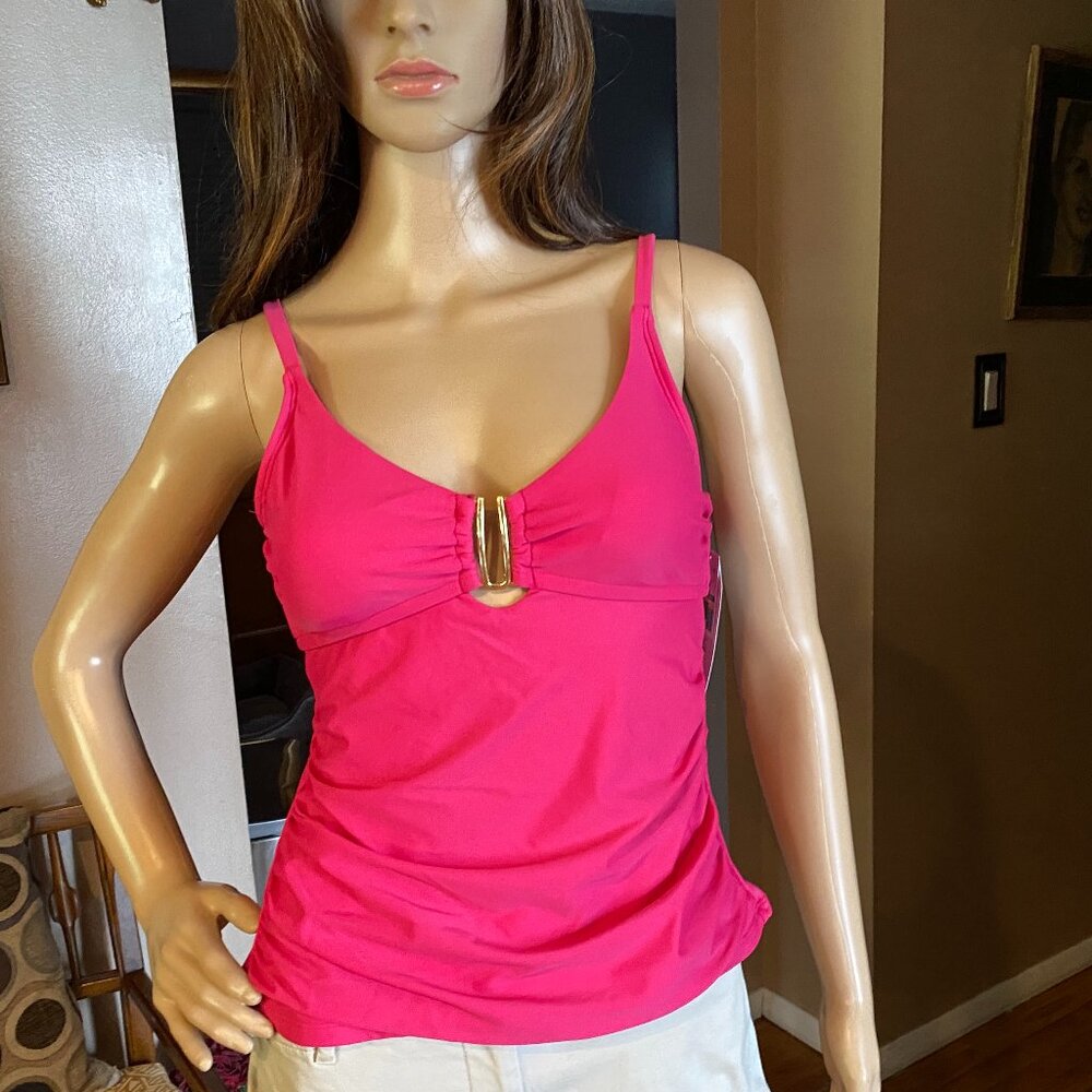 Time & Tru Hot Pink Tankini Top NWT Gold U Bar Size S 4-6